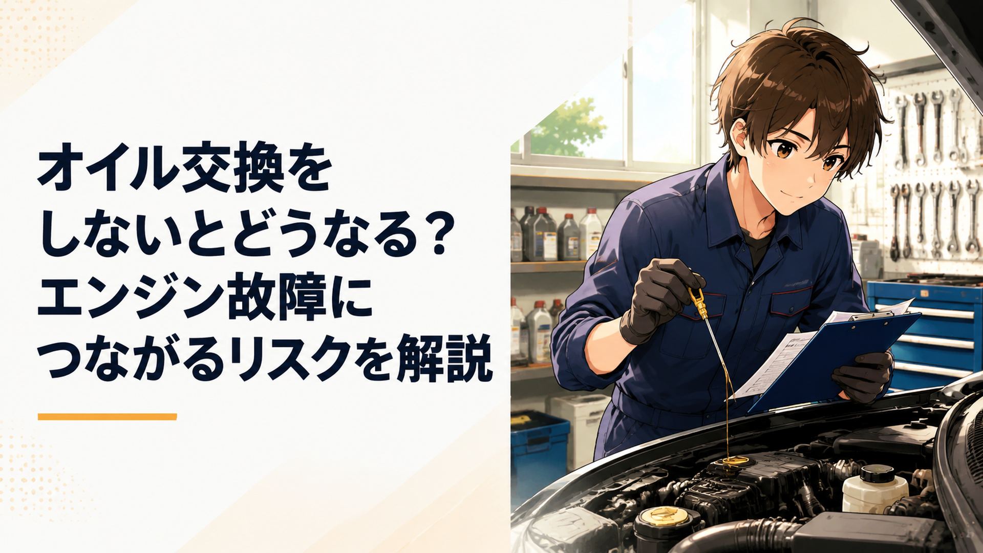 整備士がガレージで車のエンジンオイル状態とメンテナンス履歴を確認している整備シーン
