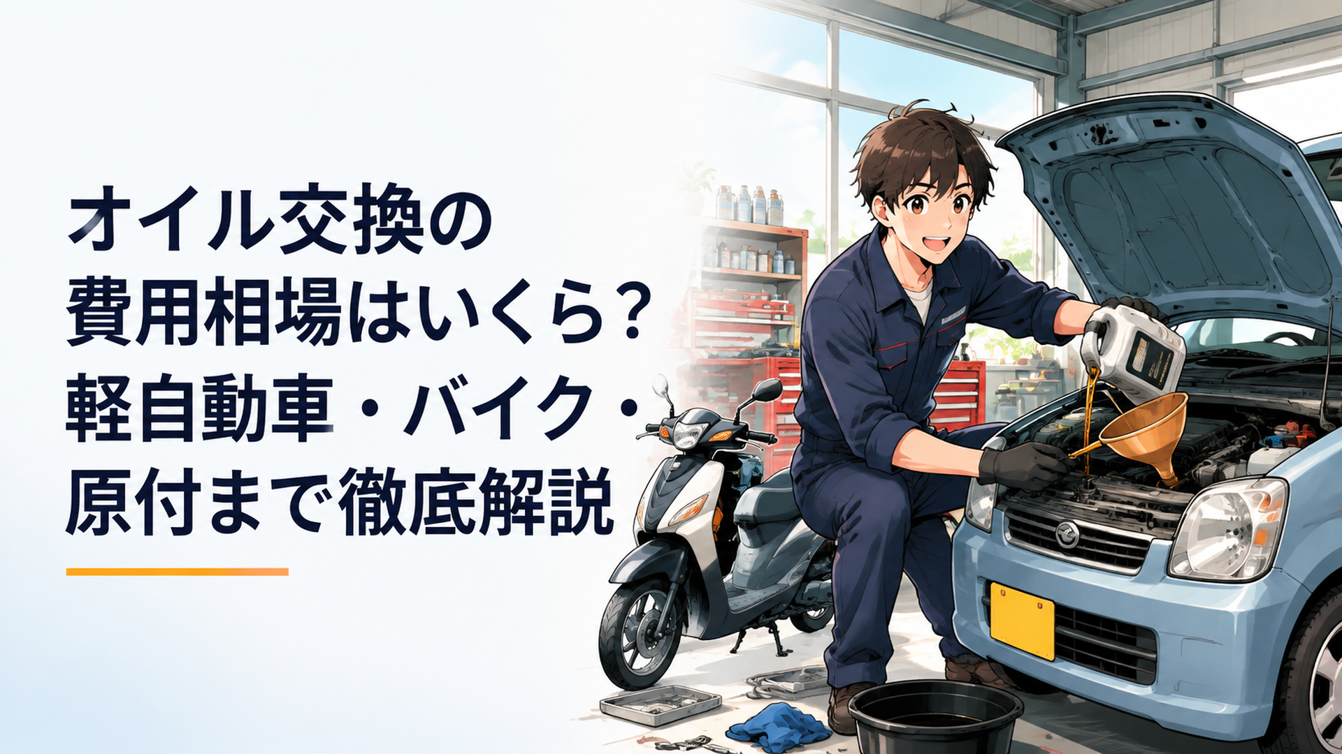 整備士が軽自動車とバイクのオイル交換作業を行う明るい整備工場のシーン