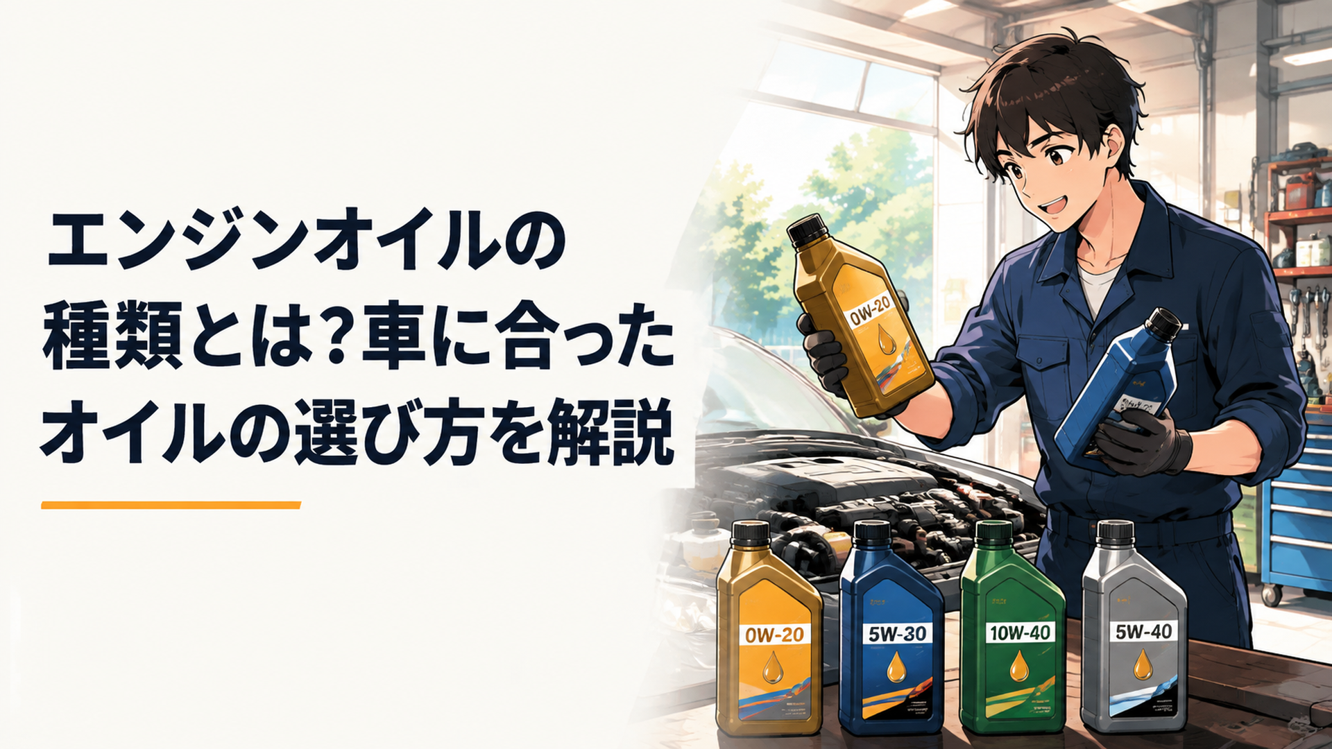 整備士がガレージで車のエンジンと0W-20や5W-30など複数種類のエンジンオイルを確認している場面