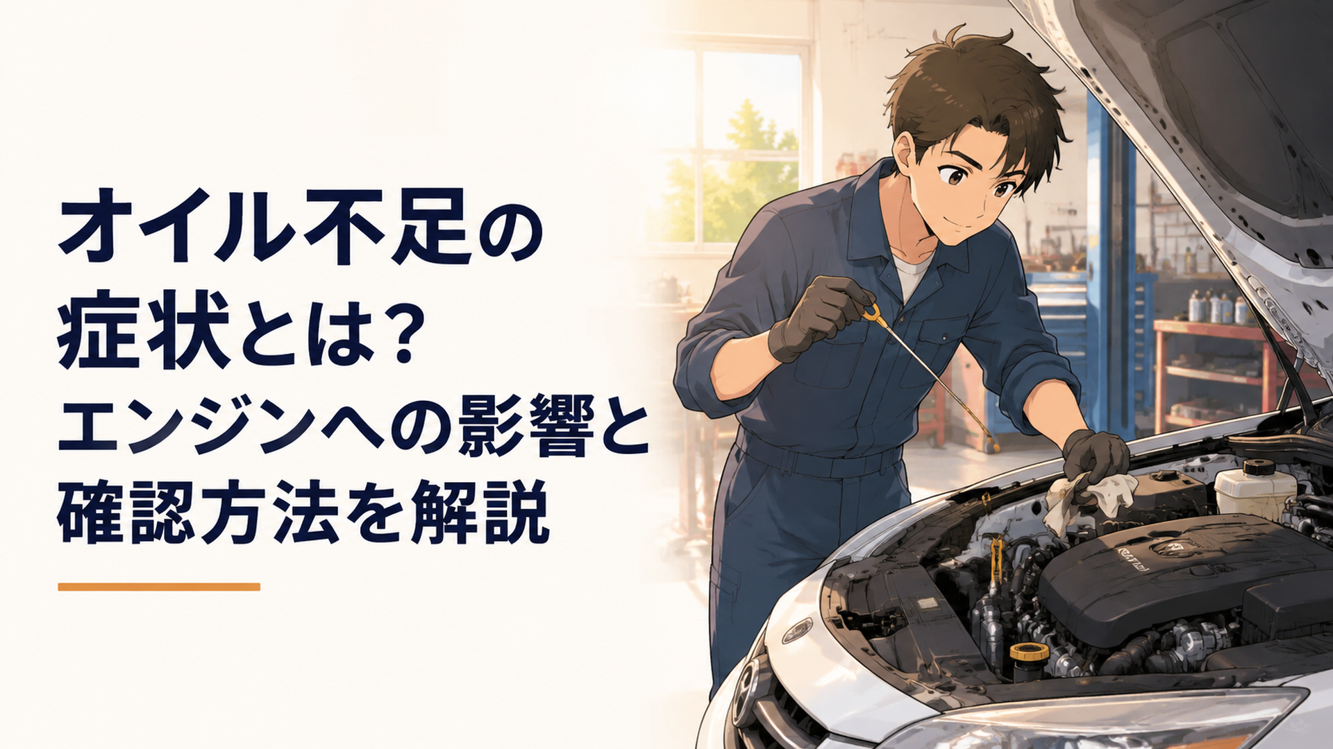 整備士が車のボンネットを開けてエンジンオイル量とエンジン状態を確認している場面