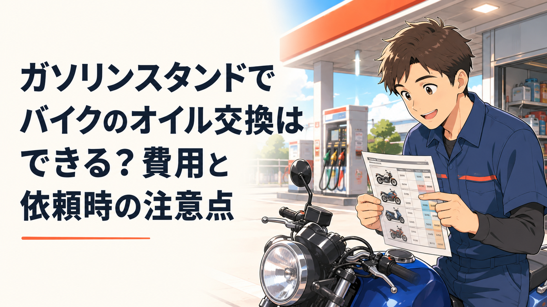 ガソリンスタンドでバイクのオイル交換について車種と料金を確認するシーン