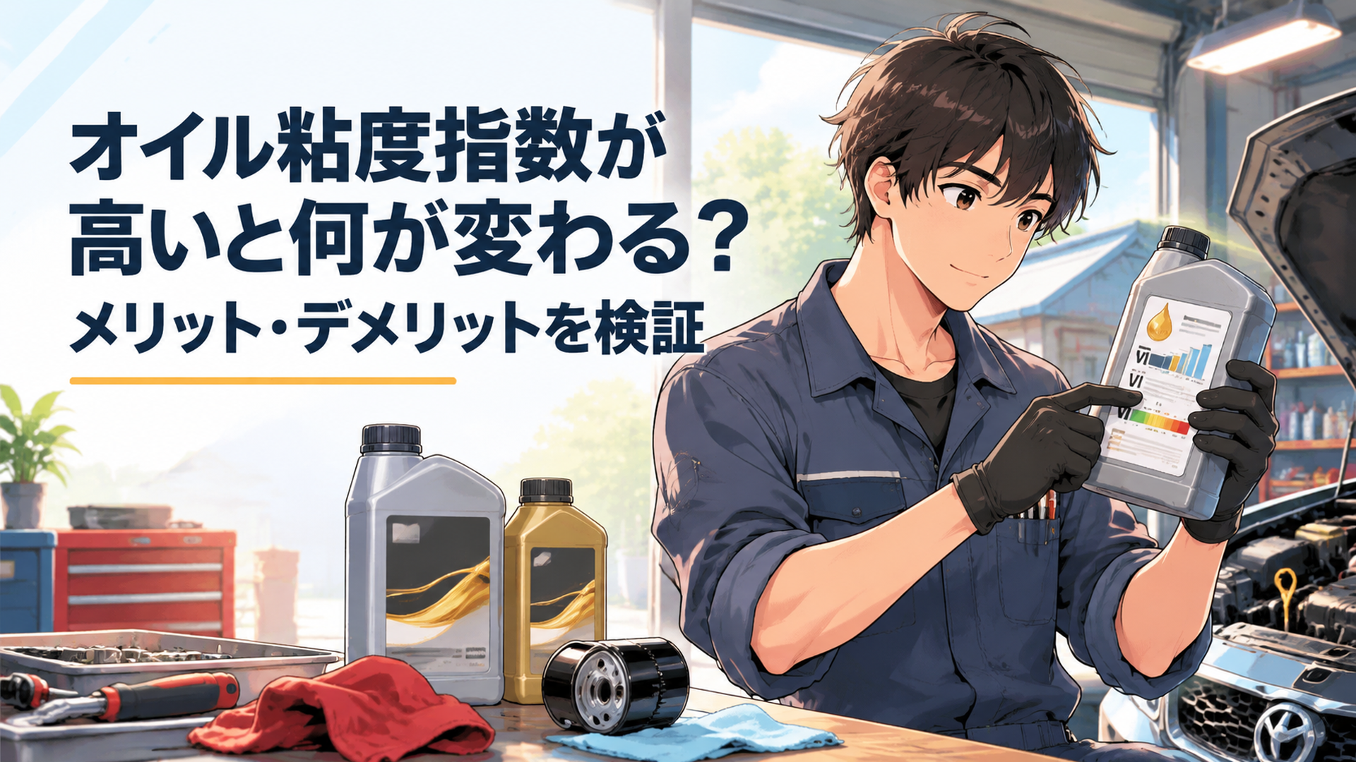 整備士がガレージでエンジンオイルの性能表示と粘度指数を確認している風景