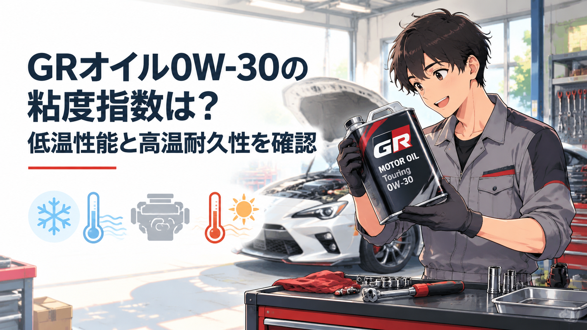 GR MOTOR OIL Touring 0W-30の性能を整備士が確認するガレージ風景
