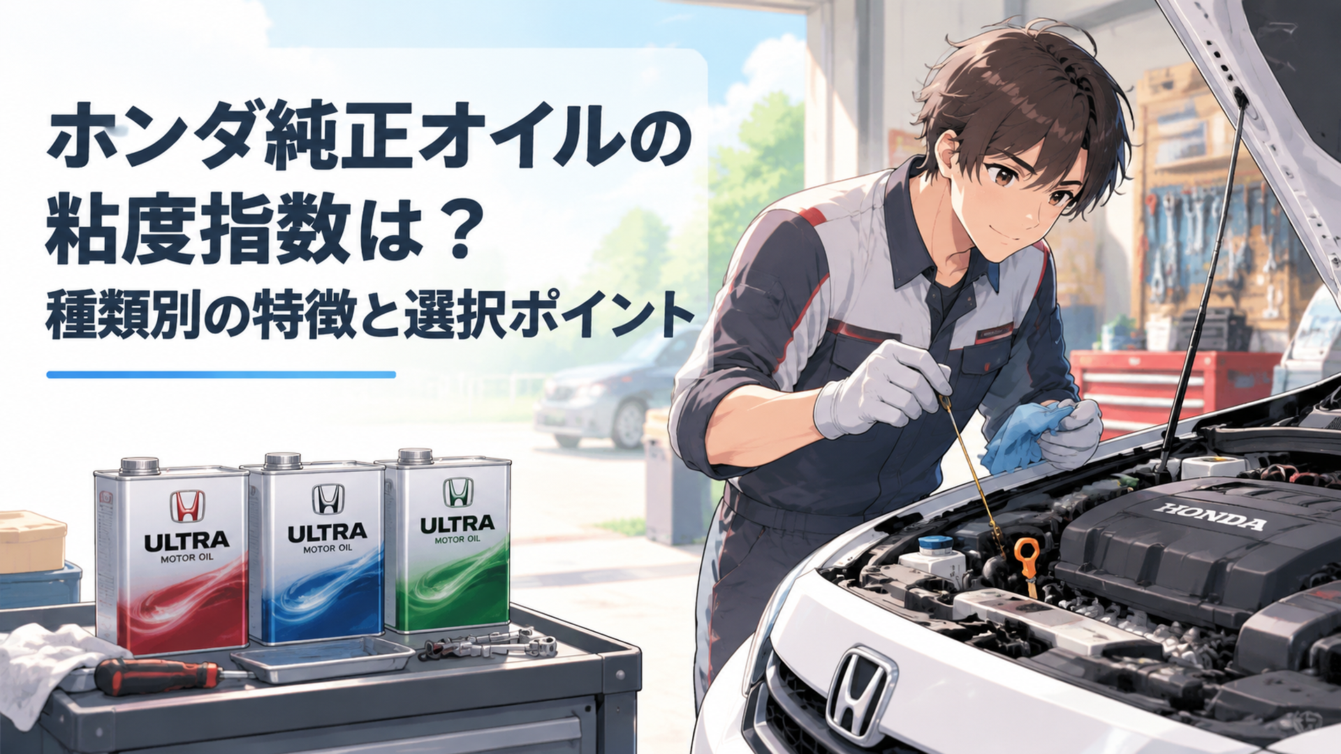 ホンダ車のエンジンと純正ウルトラオイルを整備士が確認しているイメージ