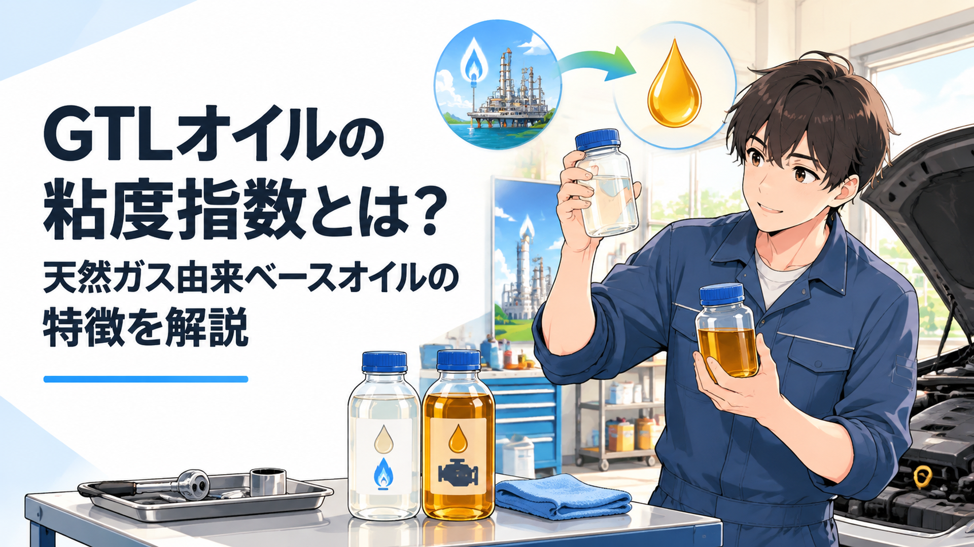 天然ガスから作られたGTLベースオイルとエンジンオイルを整備士が確認しているイメージ
