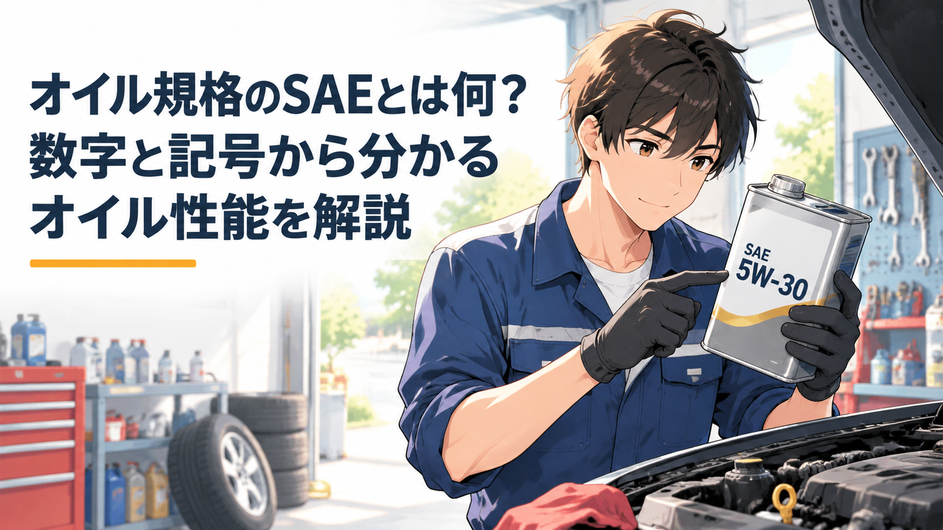 整備士がエンジンオイル缶のSAE粘度表示5W-30を確認しているシーン