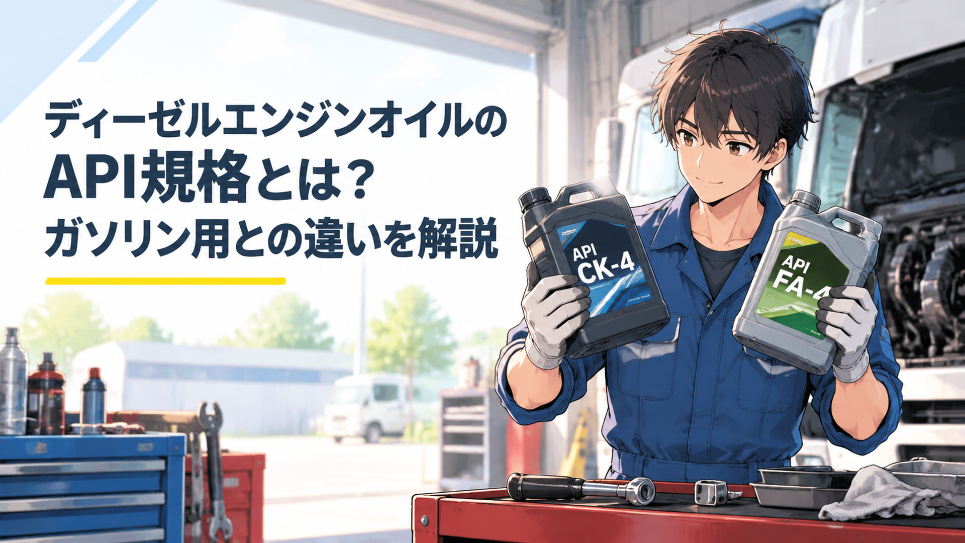 ディーゼルエンジンオイルのAPI CK-4とFA-4を確認する若い整備士
