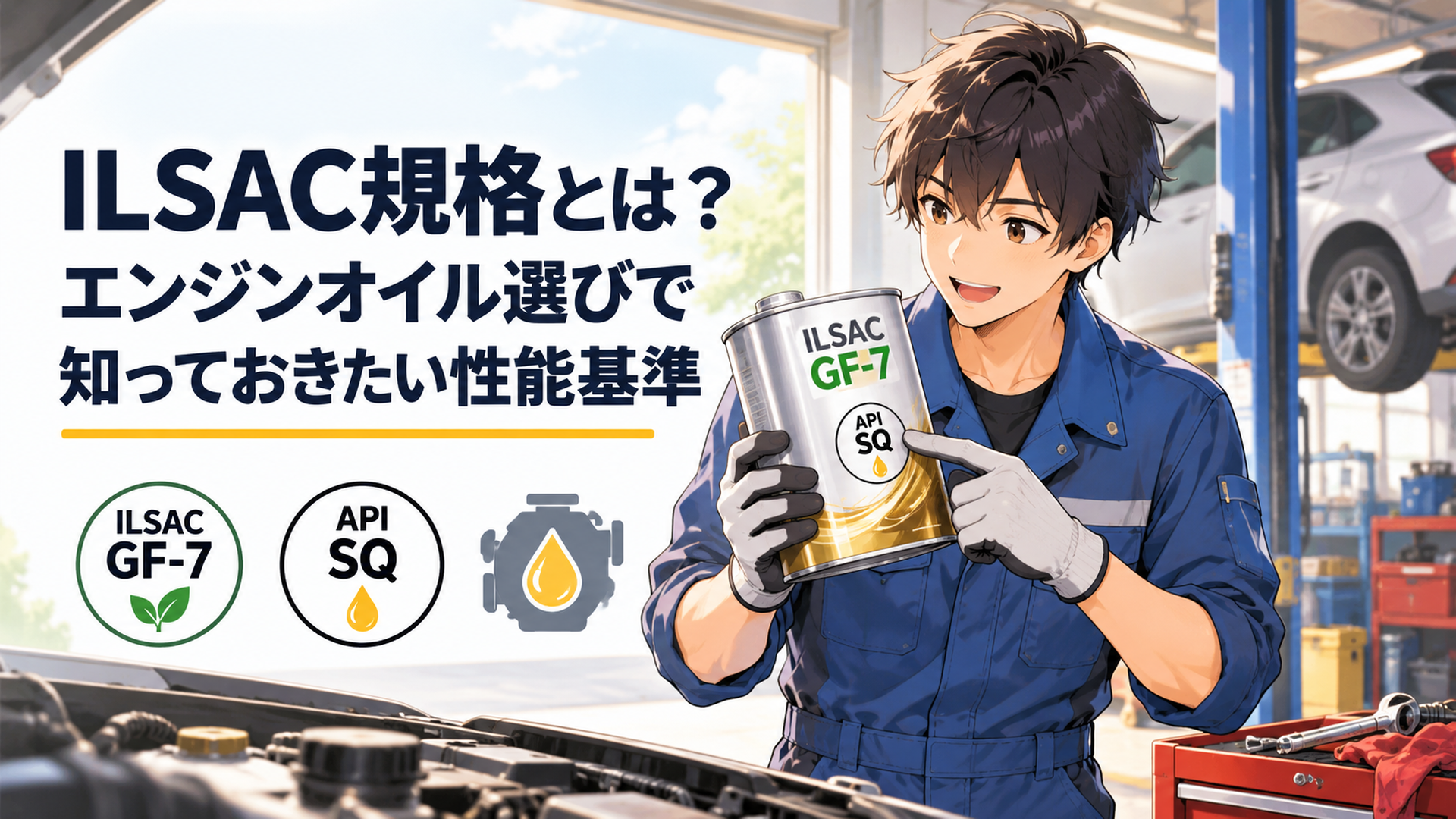 整備士がエンジンオイル缶のILSAC GF-7表示とAPI SQマークを確認する整備工場の場面