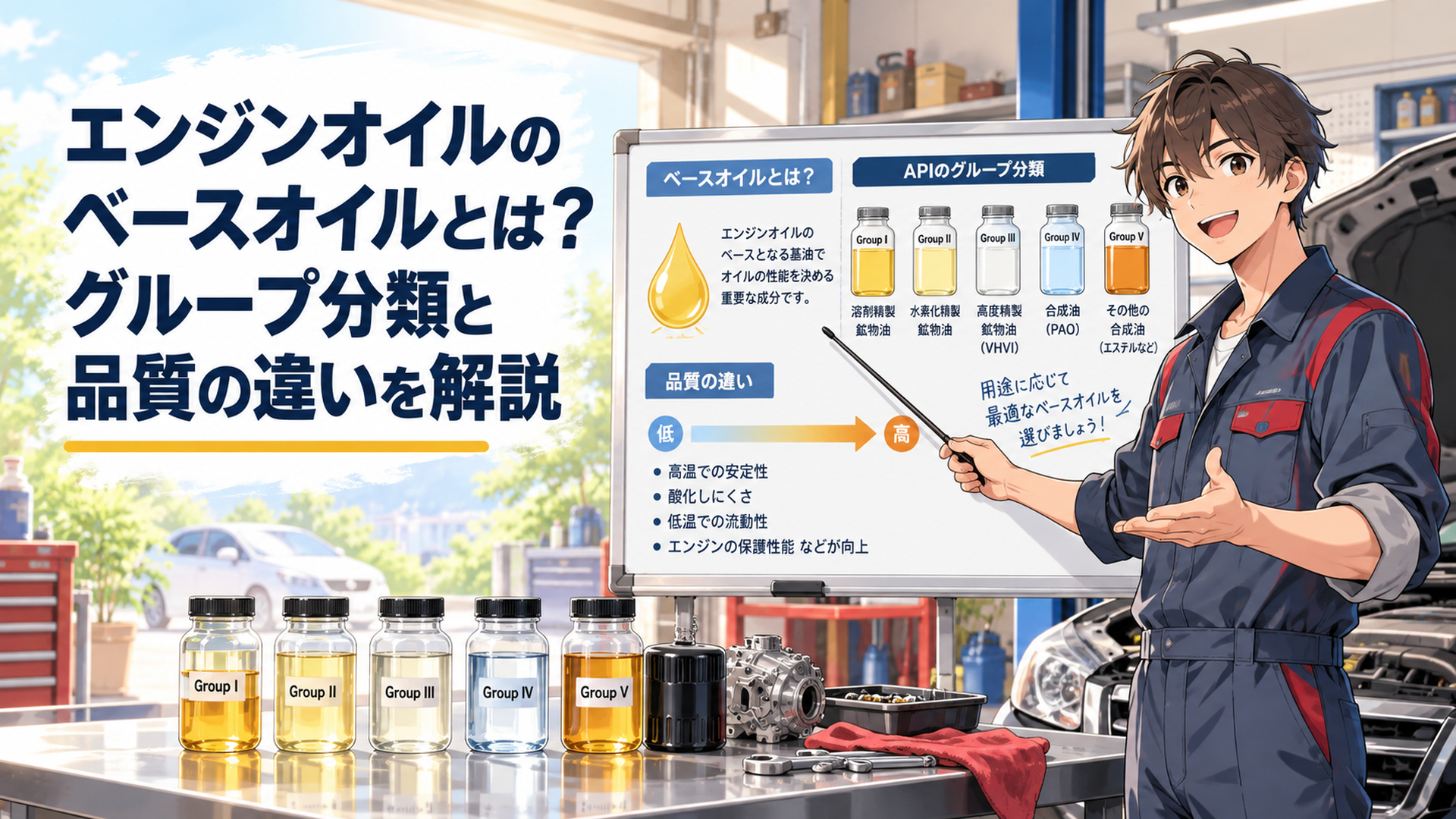 整備士がエンジンオイルのベースオイルとAPI Group IからVまでの分類を分かりやすく説明している図解