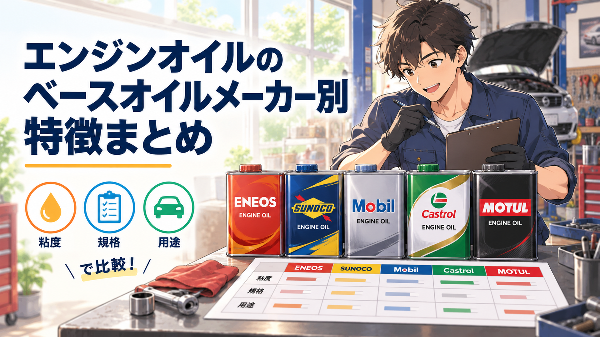 整備士がENEOS・SUNOCO・Mobil・Castrol・MOTULのエンジンオイルを粘度・規格・用途ごとに比較している様子