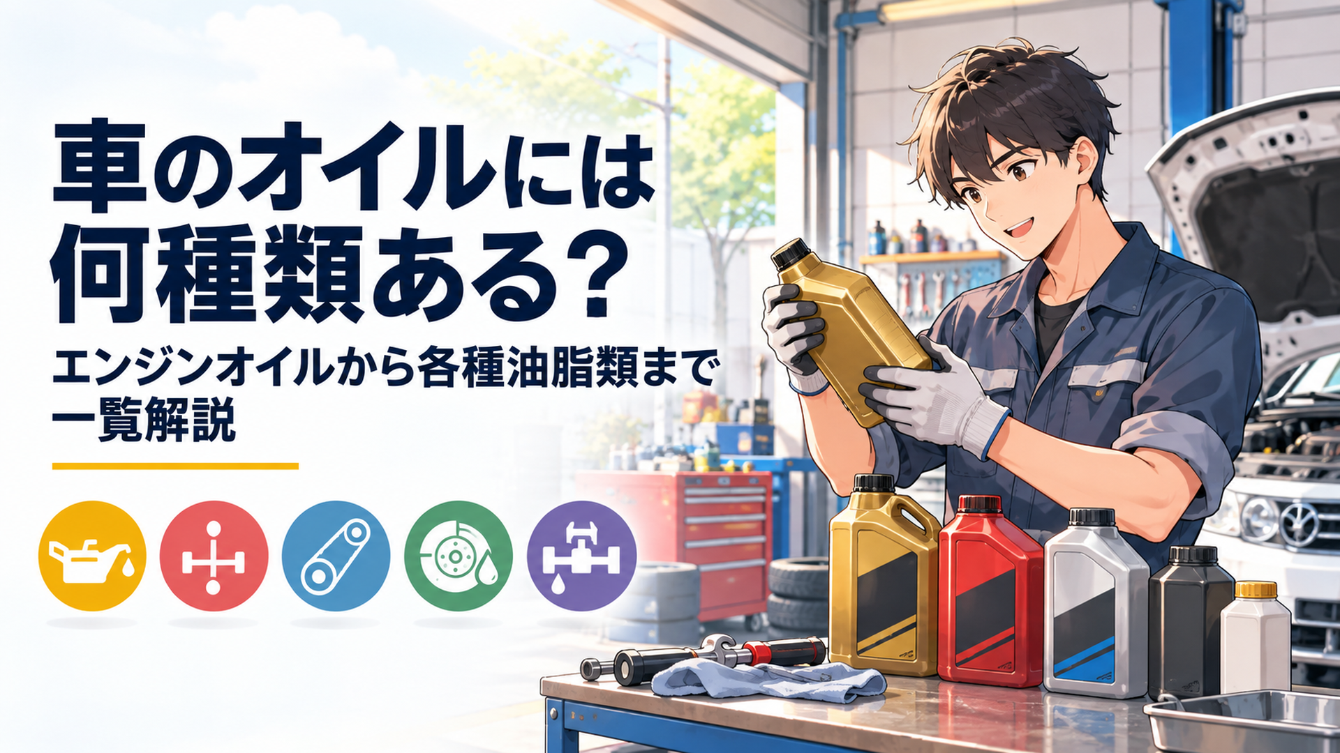 エンジンオイルやATF、CVTF、ブレーキフルードなど車に使われる代表的な油脂類を確認する整備士