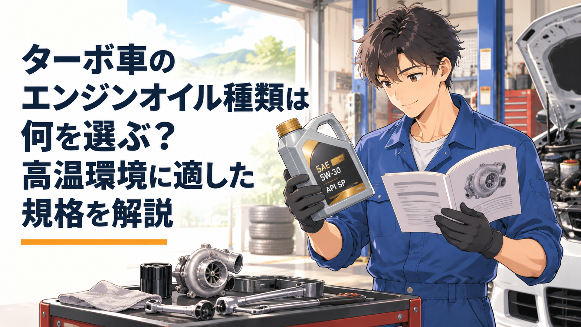 ターボ車のエンジンオイル容器と取扱説明書を見比べSAE粘度とAPI規格を確認する整備士