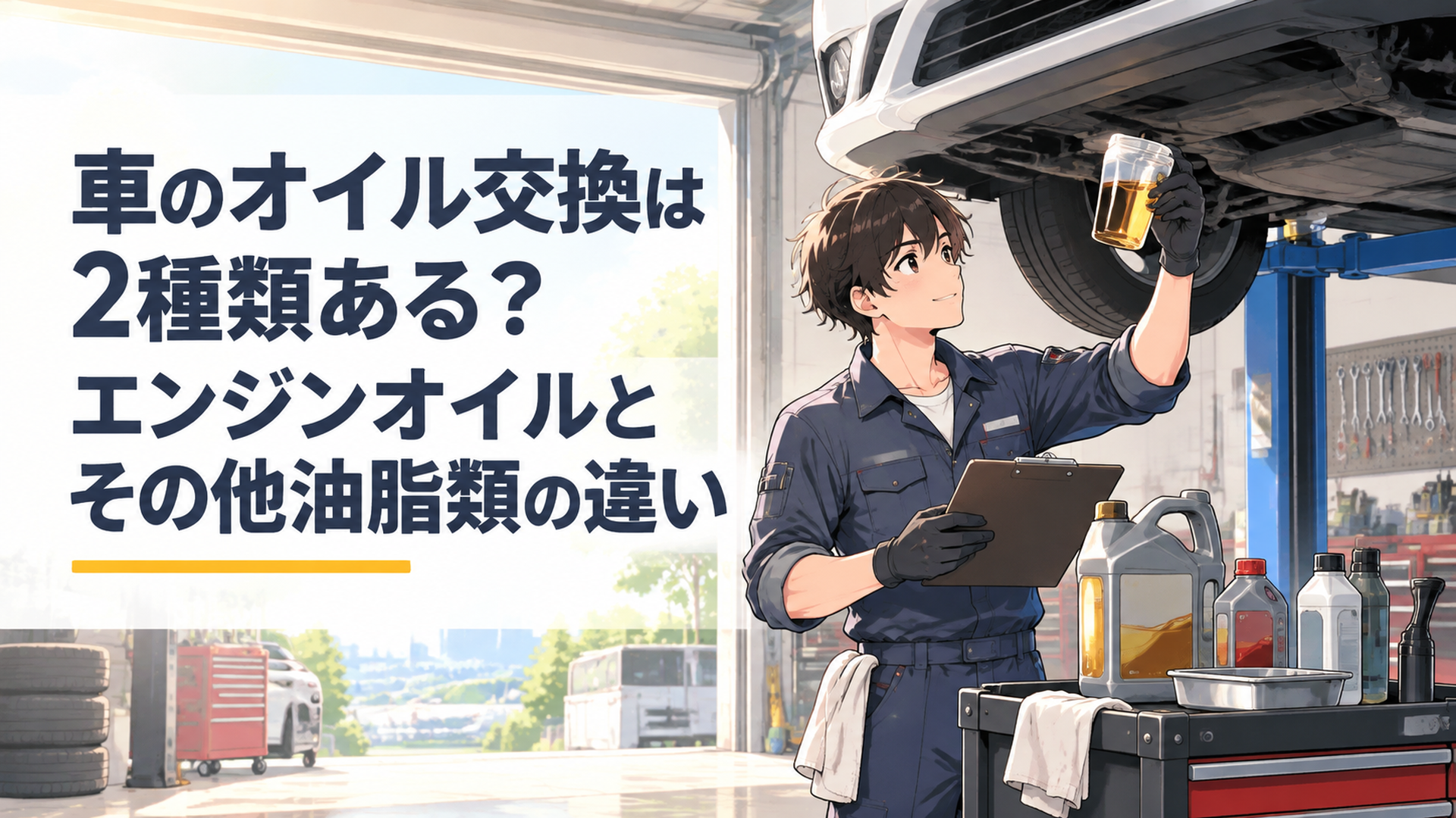 整備士がリフトアップした車の前でエンジンオイルやATFなど各種油脂類を確認しているシーン