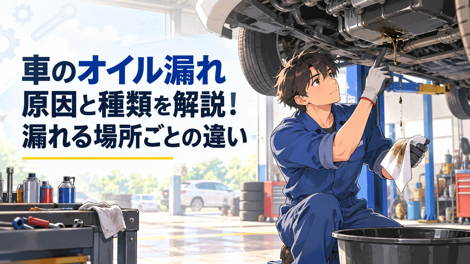 リフトアップした車の下で整備士が液体の色と漏れている場所を確認してオイル漏れの種類を診断している場面