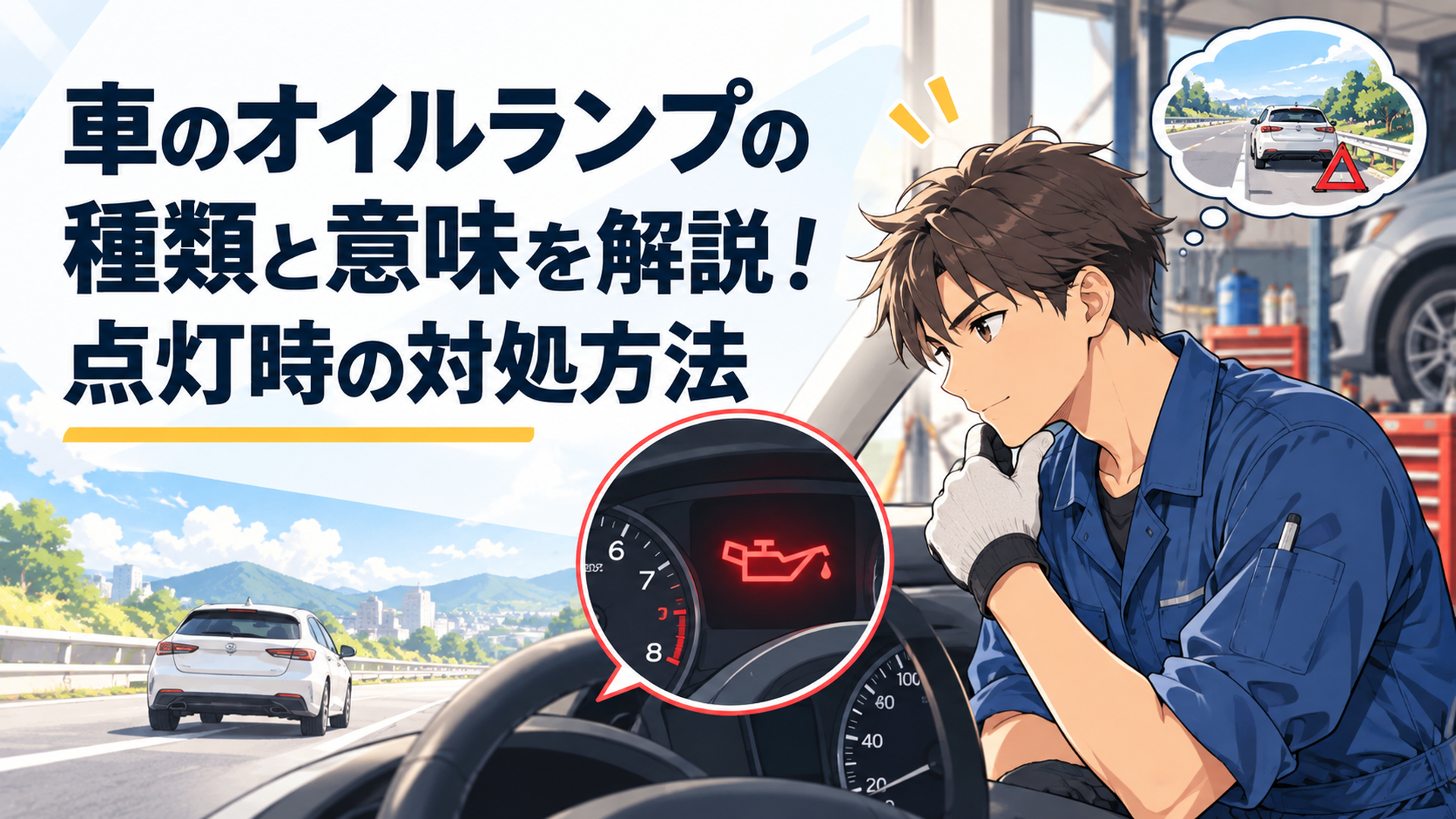 走行中にメーターパネルの赤いオイルランプを確認し安全な場所への停車を判断する整備士