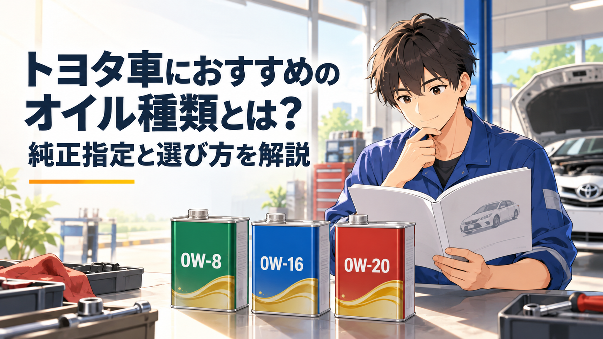 トヨタ車の取扱説明書と0W-8・0W-16・0W-20のエンジンオイルを見比べる整備士
