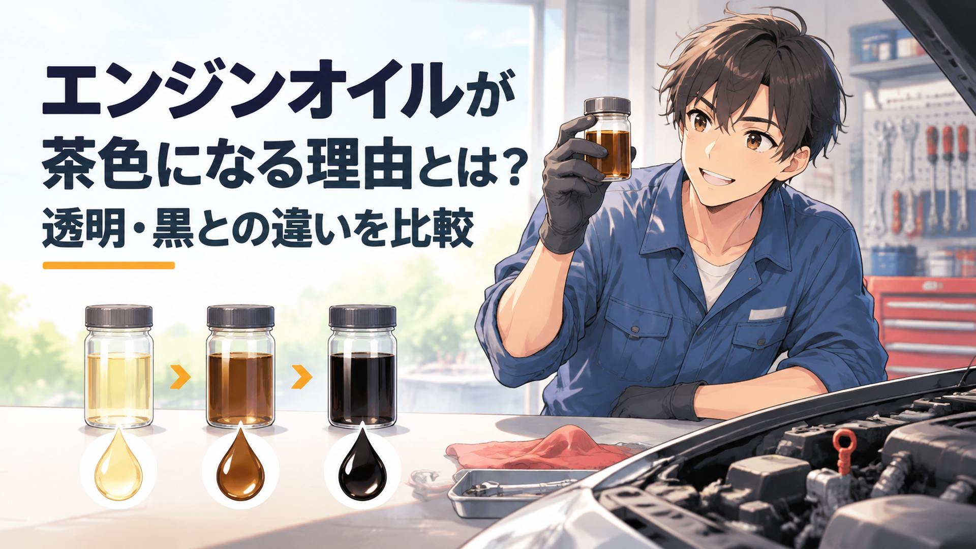 透明な新品エンジンオイルと茶色・黒色へ変化した使用後オイルを比較する整備イメージ