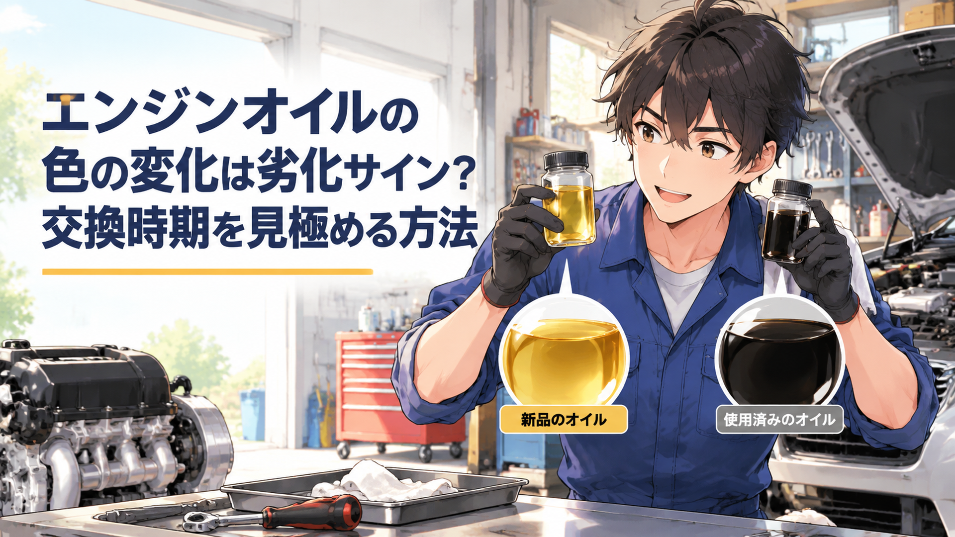 新品の透明なエンジンオイルと黒く変化した使用済みオイルを整備ガレージで比較するイメージ