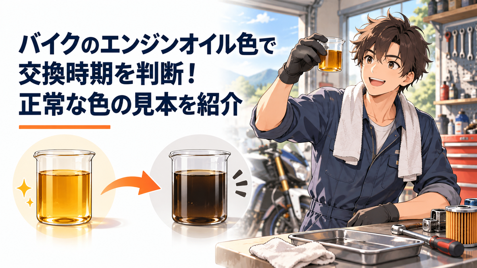 新品の透明感ある琥珀色のバイク用エンジンオイルと使用後の濃い色のオイルを白い背景で比較するイメージ