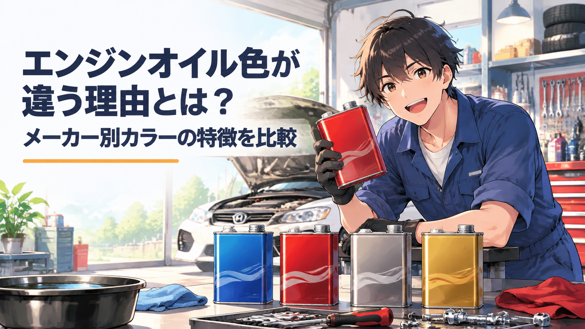 青や赤のカラーエンジンオイル缶と整備工具を並べた明るいガレージ風景