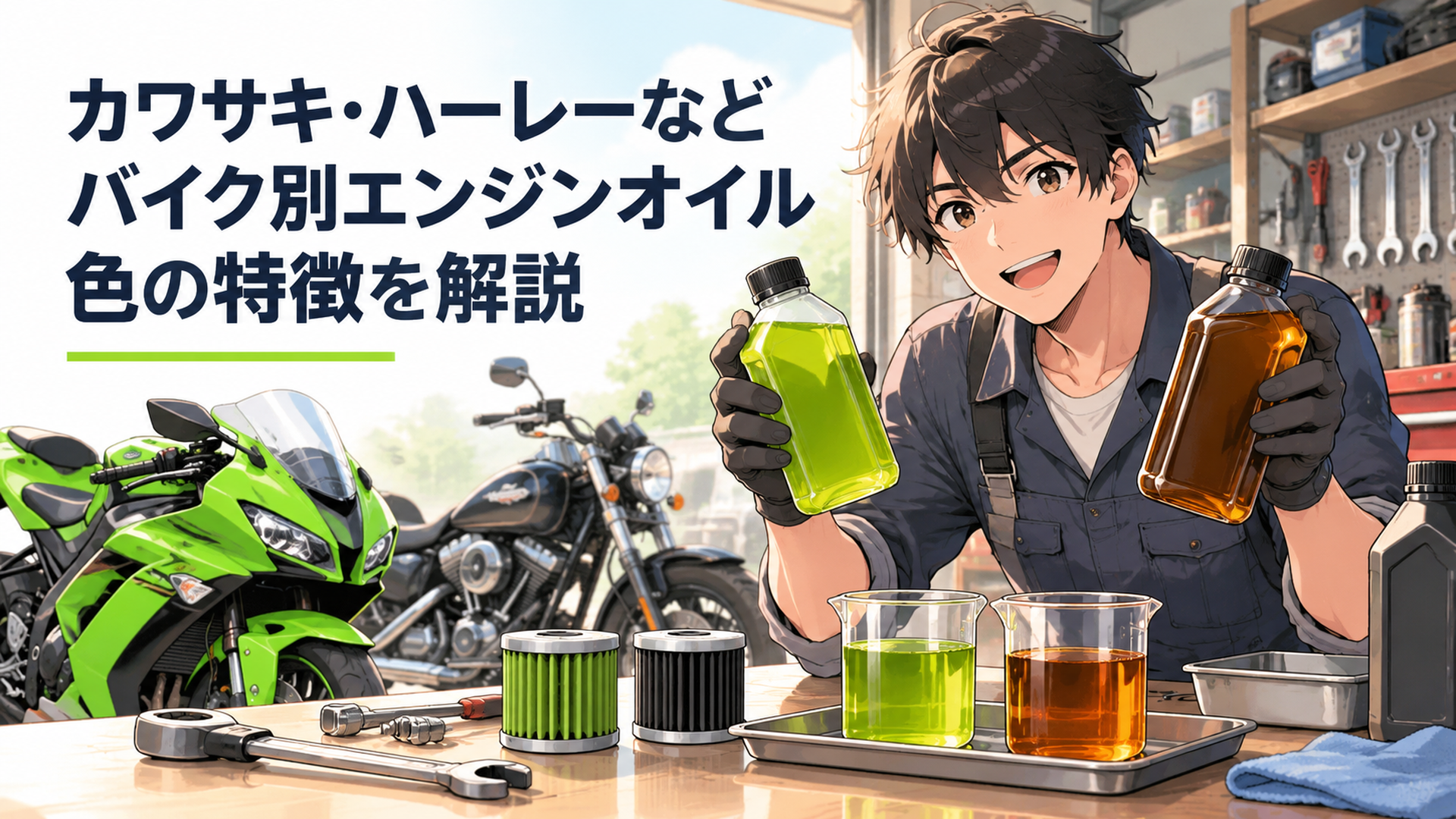 カワサキのライムグリーンオイルとハーレー用オイルをバイク整備用品と並べたイメージ