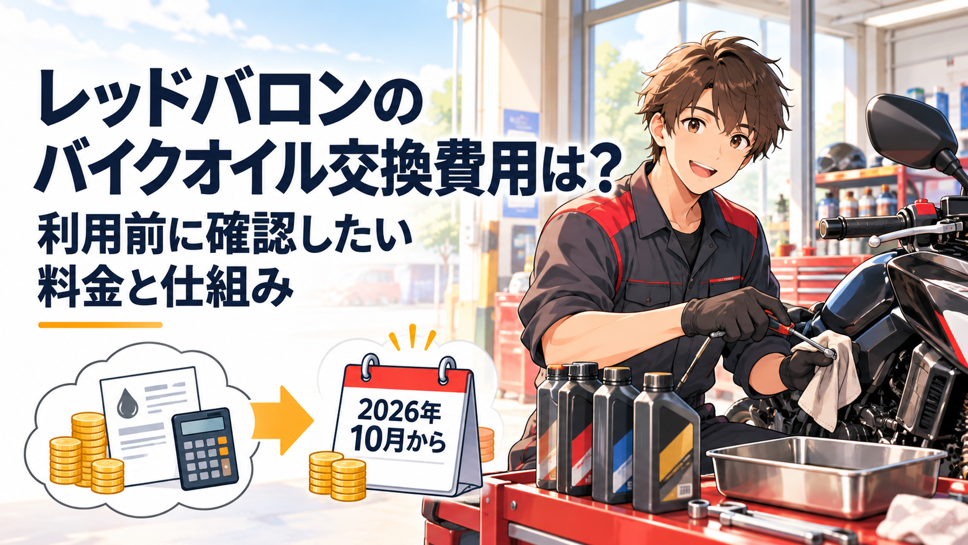 レッドバロンのバイクオイル交換費用と2026年10月からのオイルリザーブ料金改定を確認するイメージ