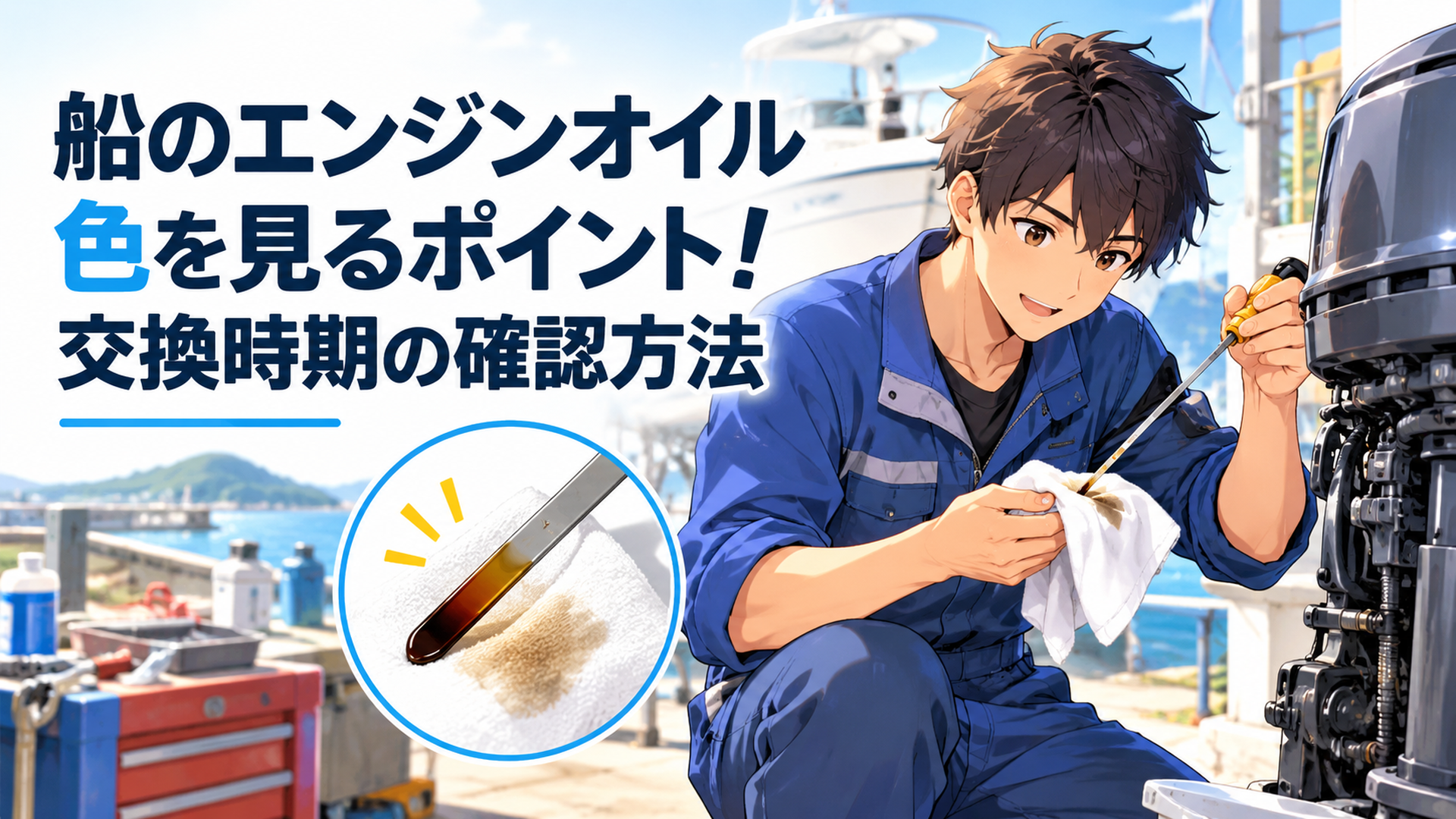 船の4ストローク船外機でオイルレベルゲージを白いウエスに当てて色と状態を確認するイメージ