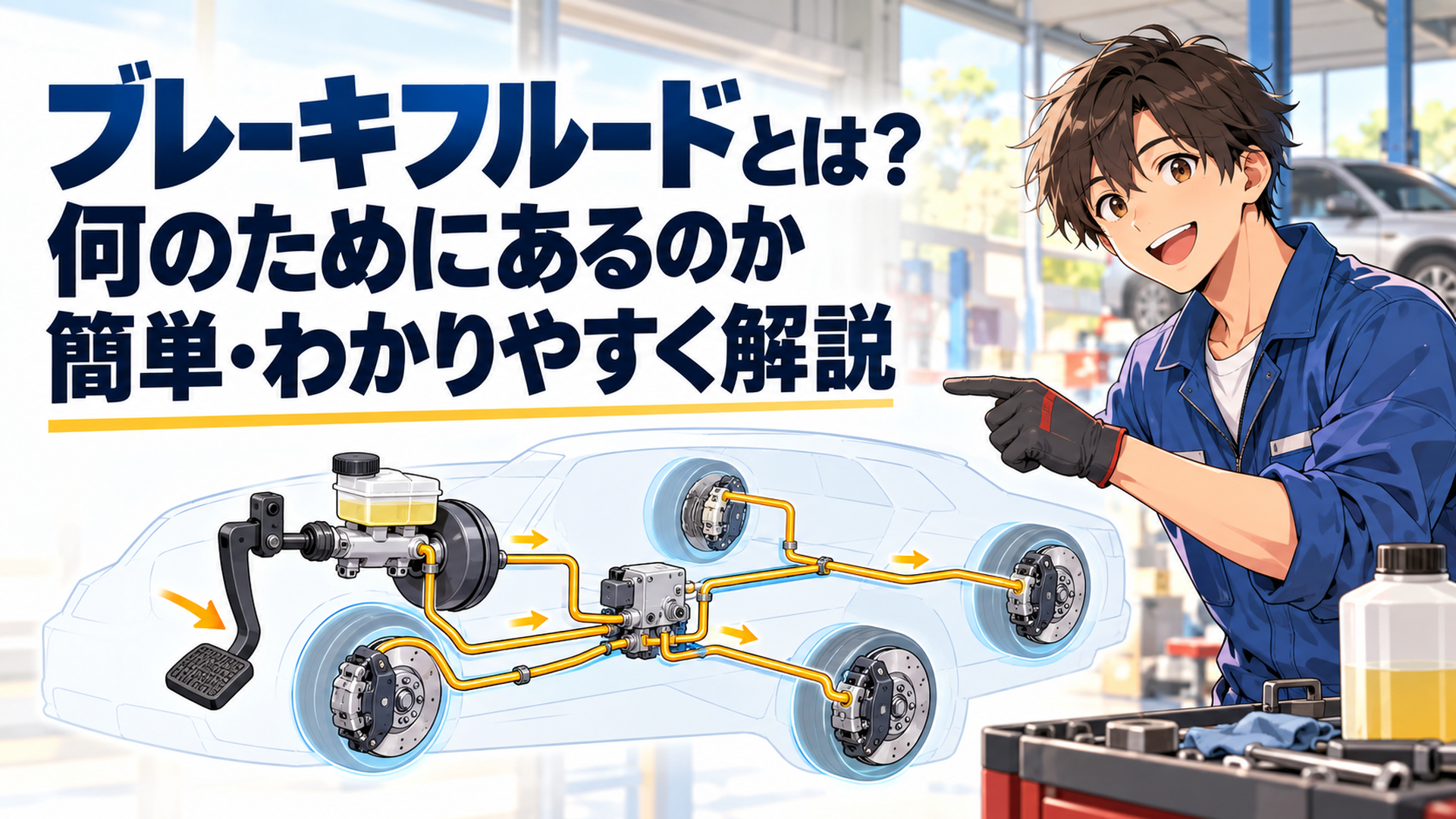 ブレーキペダルからマスターシリンダーとブレーキ配管を通り各車輪へ液圧が伝わる仕組みを示すイメージ