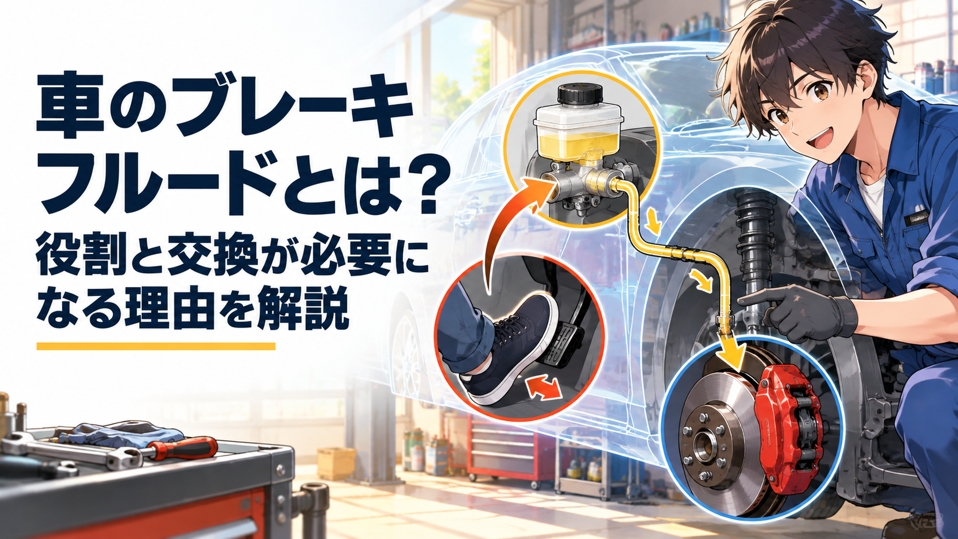 車のブレーキペダルとブレーキフルードのリザーバータンク、ブレーキキャリパーの関係を分かりやすく表したイメージ