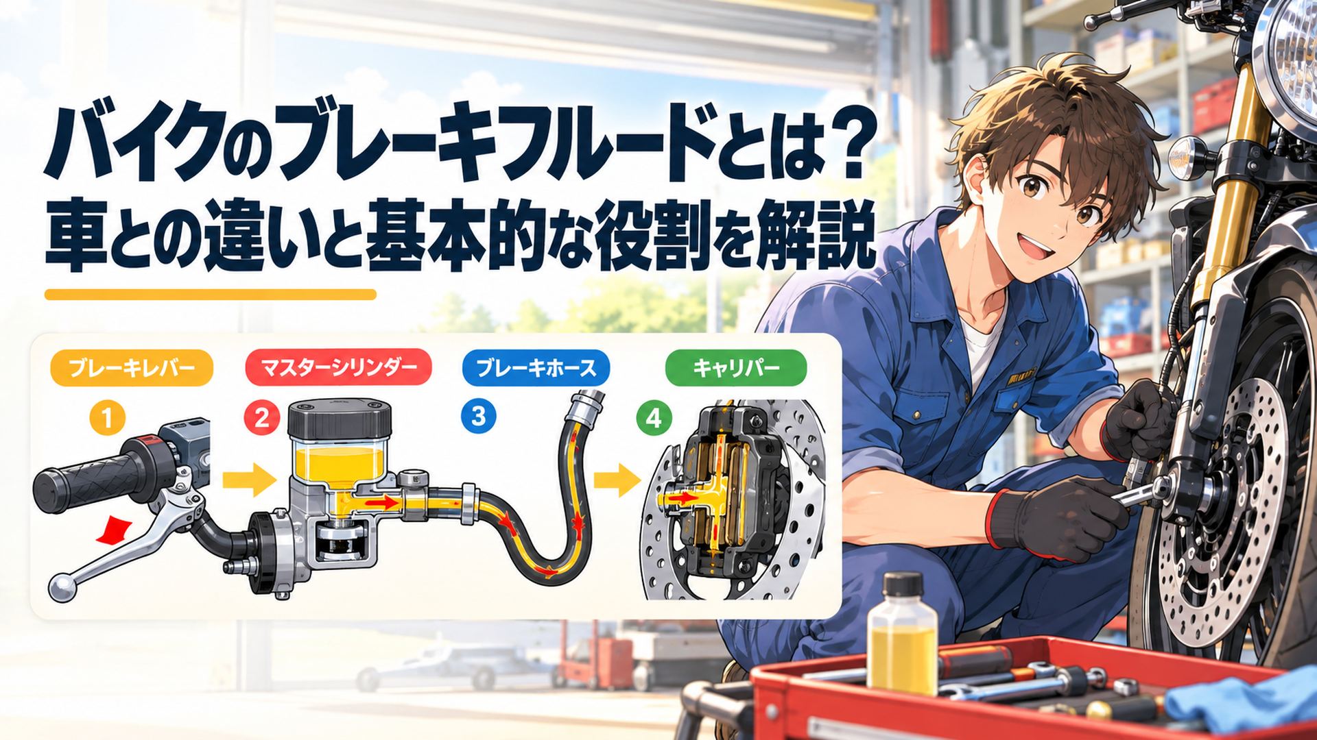 バイクのブレーキレバーからマスターシリンダー、ブレーキホース、キャリパーへ油圧が伝わる仕組みを分かりやすく表現したイメージ