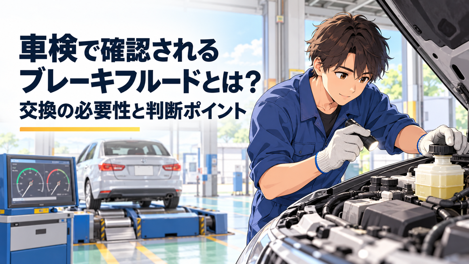 車検場のブレーキテスターとブレーキフルードのリザーバータンクを確認する整備士のイメージ