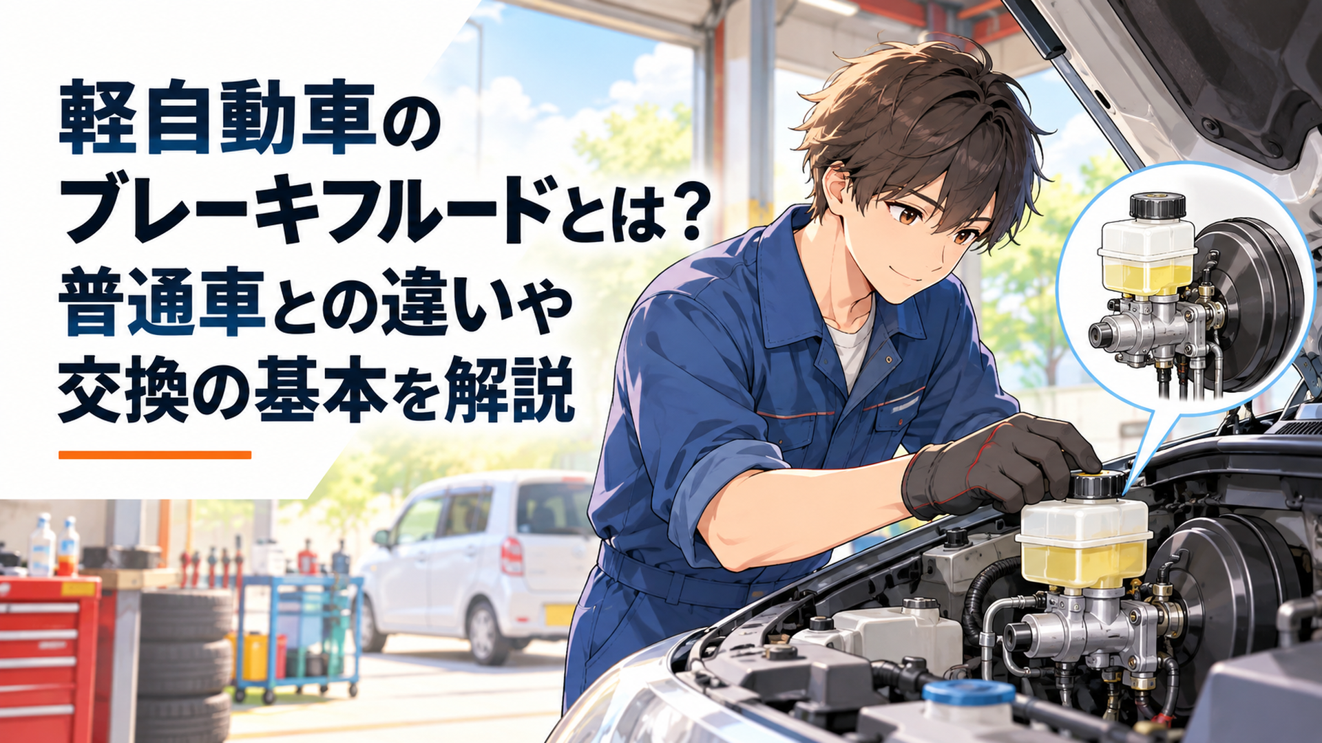 軽自動車のブレーキシステムとブレーキフルードのリザーバータンクを整備士が点検するイメージ